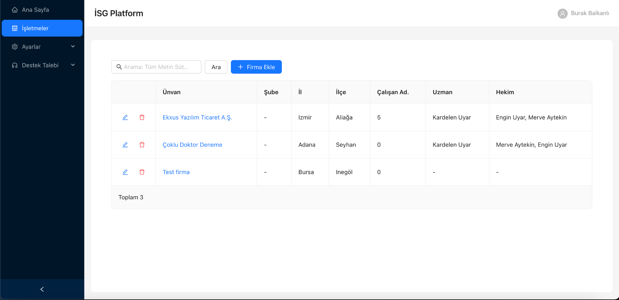Çalışan listesi ekranı