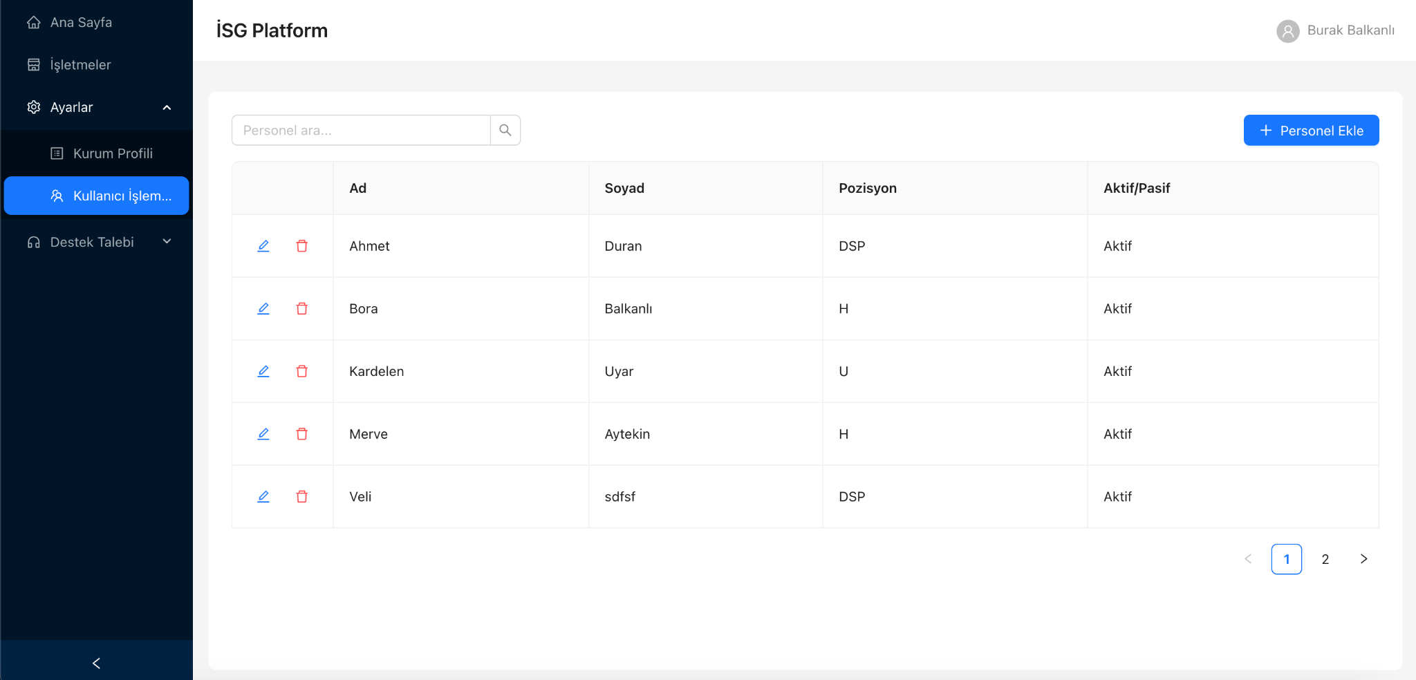 Yıllık eğitim planı ekranı